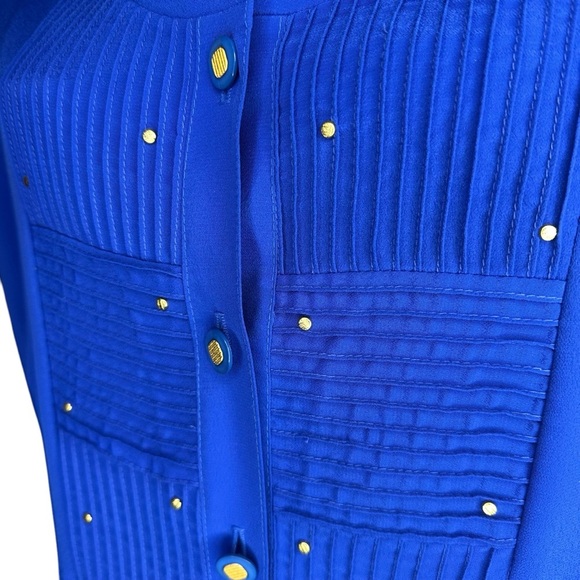 Vintage Regal Royal Blue Button Up Sheer Blouse - Gold Accents / Buttons - Sz L - Picture 6 of 9
